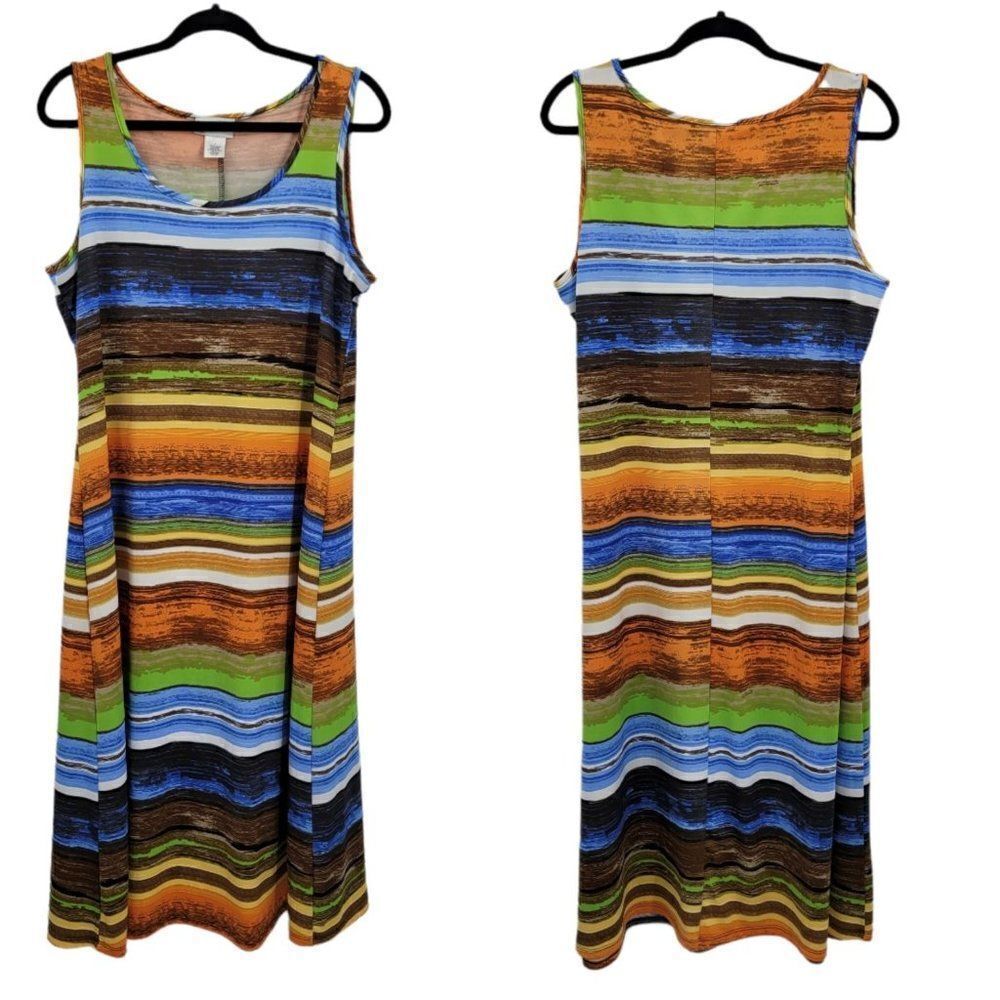 Dress Womens Sz L Multi Color Neutral Ombre Striped Sleeveless Tank Midi Resort